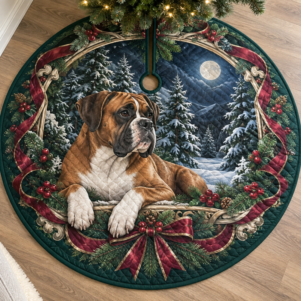 Quilted Boxer Dog Christmas Tree Skirt — Athletic, Stylish Holiday Base Cover, Plush Quilting, Reversible, Great Gift For Boxer Owners