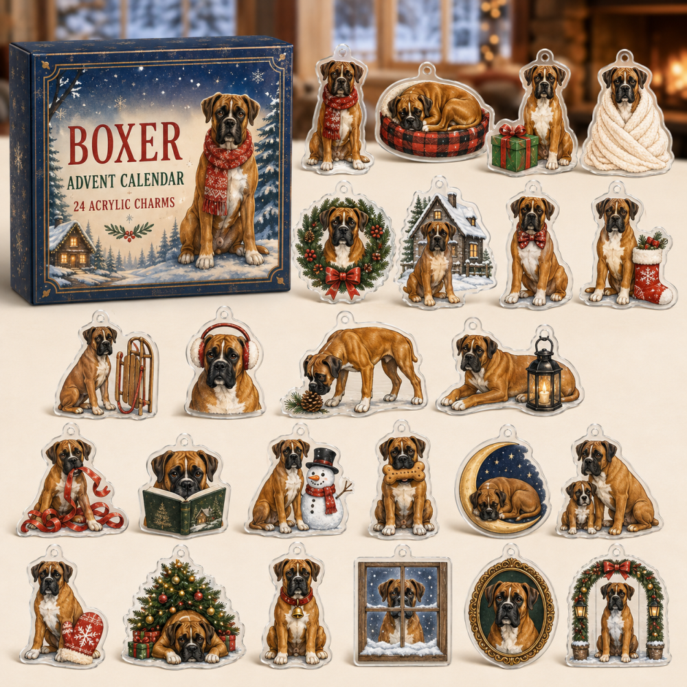Boxer Holiday Advent Calendar — 24 Playful Acrylic Boxer Charms, Cute Winter Gift For Boxer Owners & Dog Collectors