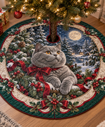 Classic Quilted Holiday Tree Skirt With British Shorthair Illustration — Cozy, High-Quality Christmas Decor For Pet Owners