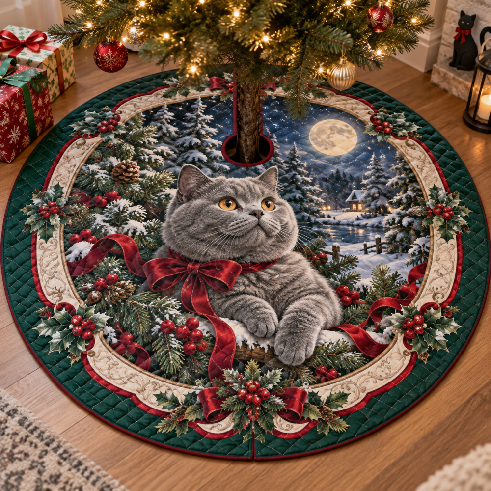 Classic Quilted Holiday Tree Skirt With British Shorthair Illustration — Cozy, High-Quality Christmas Decor For Pet Owners