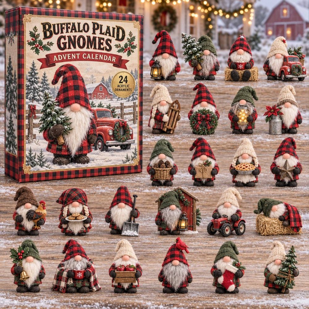 Buffalo Plaid Gnomes Holiday Countdown - 24-Day Christmas Advent With 24 Acrylic Charms, Rustic Gnome Gift & Decor