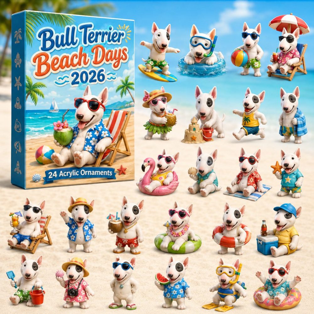 Bull Terrier Beach Days 2026 - 24-Day Acrylic Charm Advent Calendar, Sunny Dog-Themed Gifts For Summer Fans