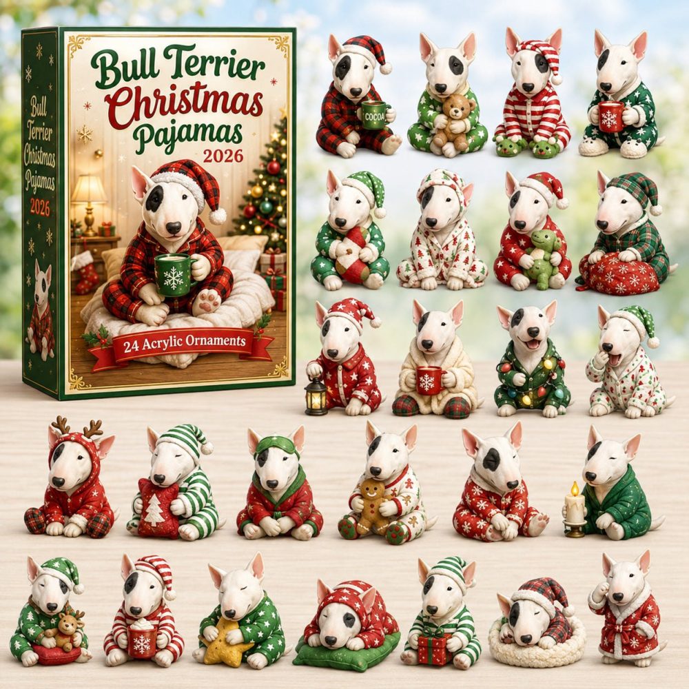 Bull Terrier Pajama Party 2026 - 24-Day Acrylic Charm Advent Countdown With Cozy Christmas Pajama Designs