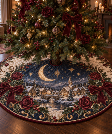 Burgundy Celestial Quilted Tree Skirt - Luxe Wine-Toned Celestial Motif Christmas Tree Skirt With Star & Moon Accents
