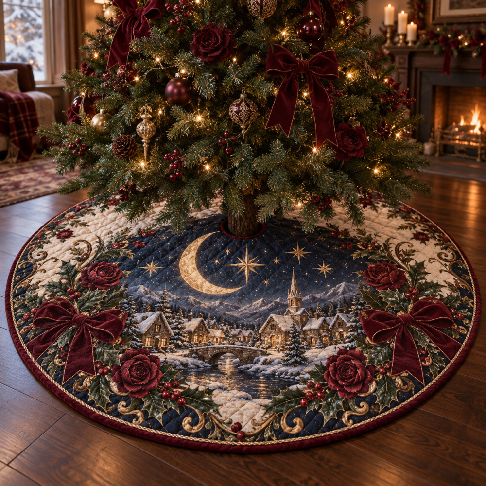 Burgundy Celestial Quilted Tree Skirt - Luxe Wine-Toned Celestial Motif Christmas Tree Skirt With Star & Moon Accents