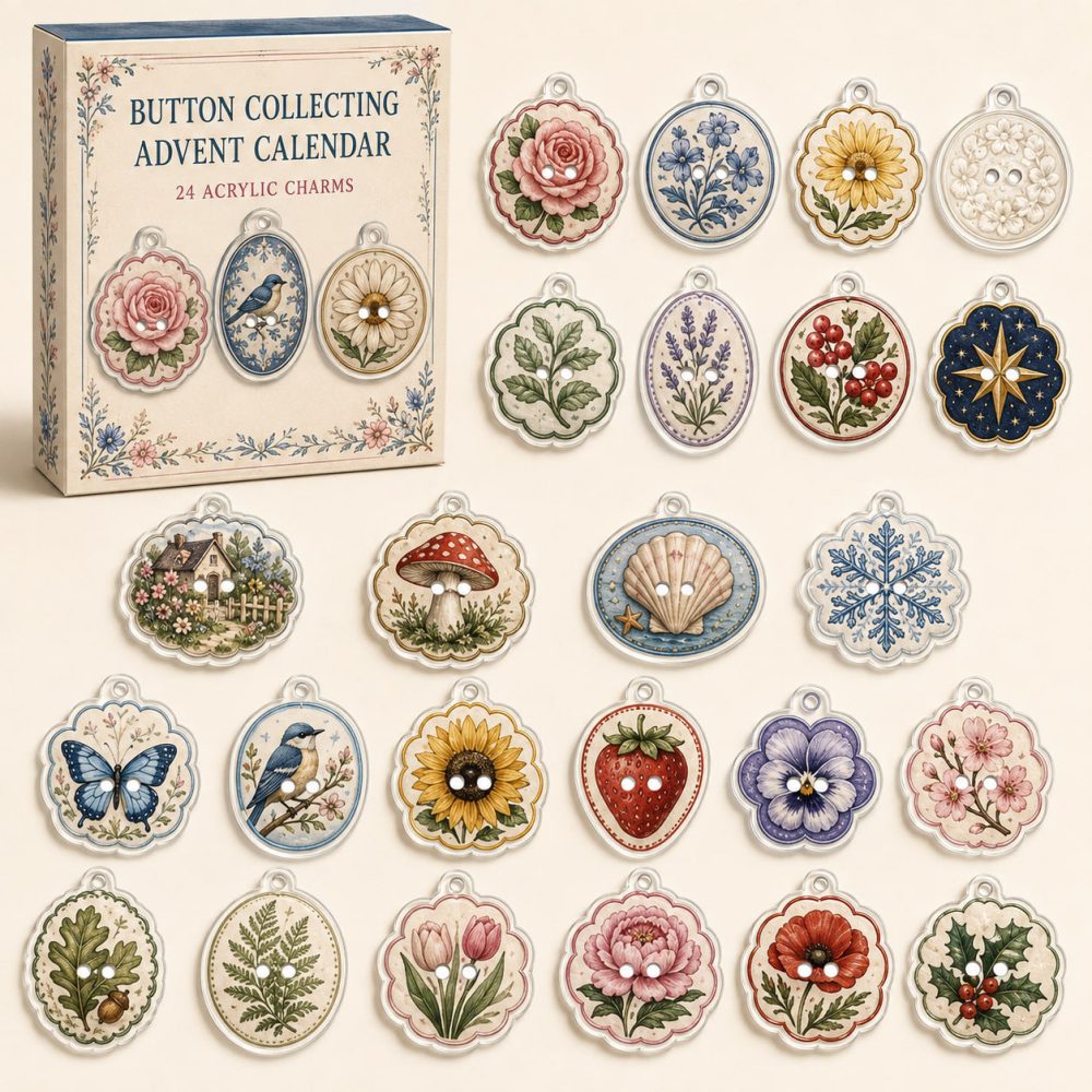 Vintage Button Collector Advent Box - 24 Charming Acrylic Button Charms, Daily Surprise Set For Crafters , Perfect Stocking Stuffer