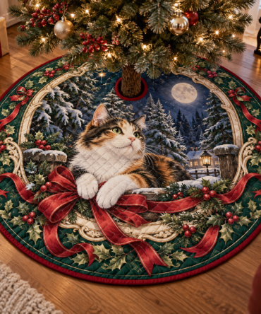 Festive Quilted Holiday Tree Skirt With Calico Cat Motif — Soft, Stain-Resistant Christmas Decor Perfect For Family Homes