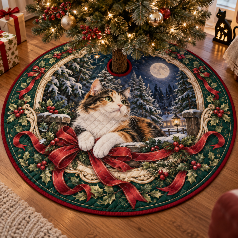 Festive Quilted Holiday Tree Skirt With Calico Cat Motif — Soft, Stain-Resistant Christmas Decor Perfect For Family Homes