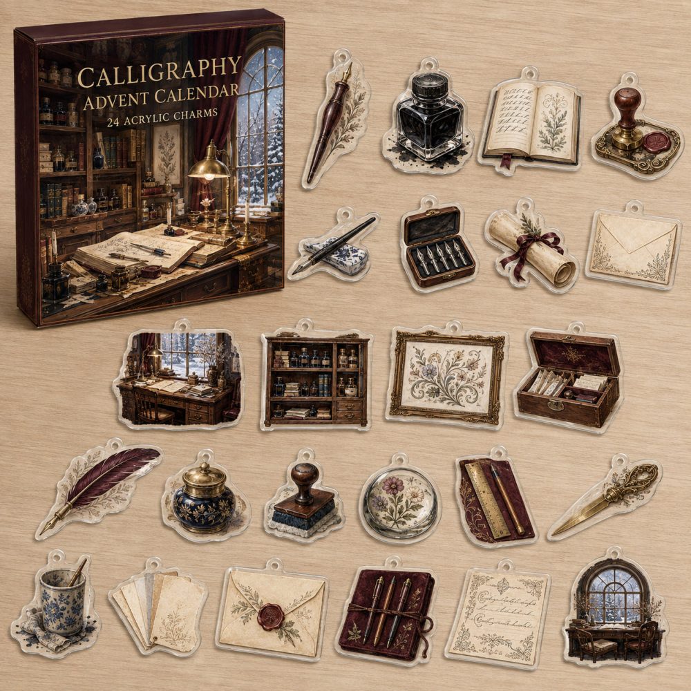 24-Day Calligraphy Charm Countdown — Acrylic Nib, Ink & Lettering Mini Charms For Penmanship Lovers, Elegant Gift Set