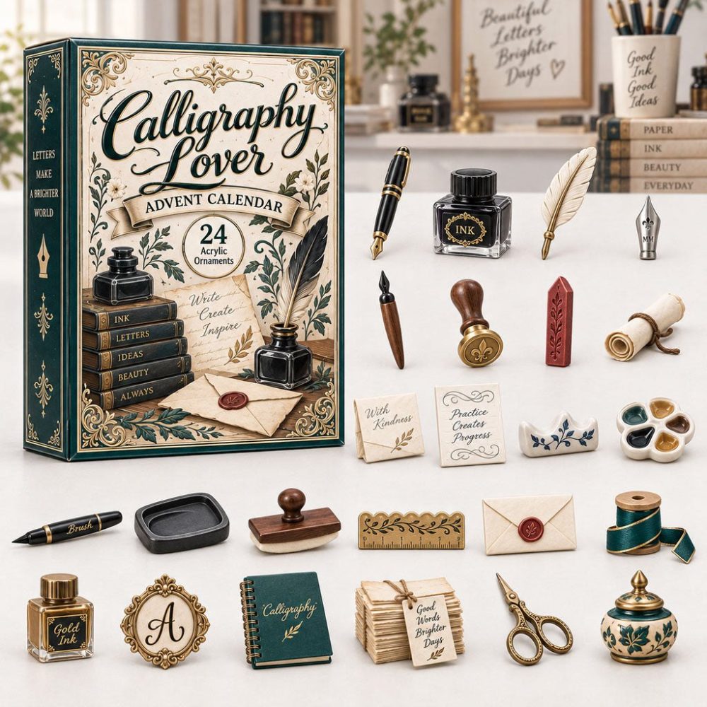 Calligraphy Enthusiast Advent Set — 24 Elegant Acrylic Charms, 2026 Pen & Ink-Themed Countdown Calendar For Handlettering Fans