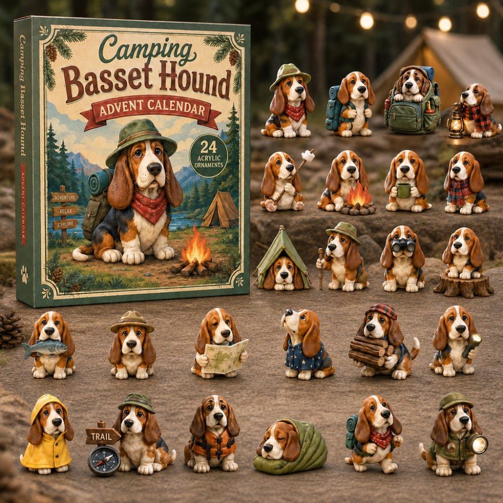 Camping Basset Hound 2026 Charm Countdown — 24-Day Acrylic Advent For Basset Fans, Outdoorsy Holiday Gift Idea