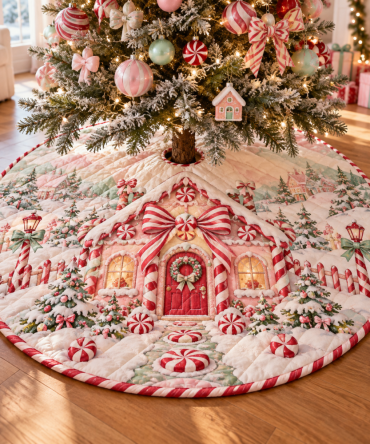 Candy Stripe Quilted Tree Skirt - Festive Red & White Striped Christmas Tree Skirt For Bright, Classic Holiday Style
