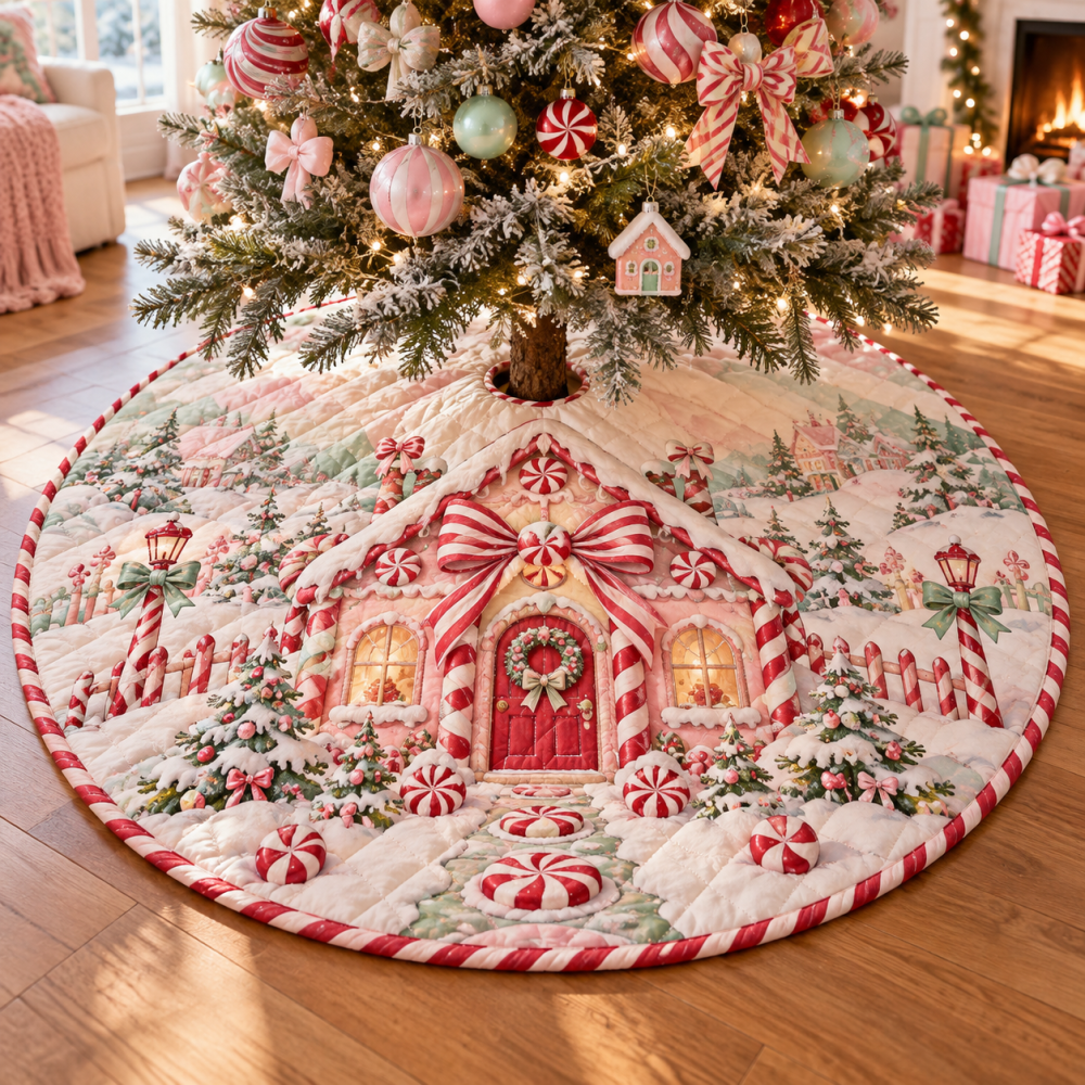 Candy Stripe Quilted Tree Skirt - Festive Red & White Striped Christmas Tree Skirt For Bright, Classic Holiday Style