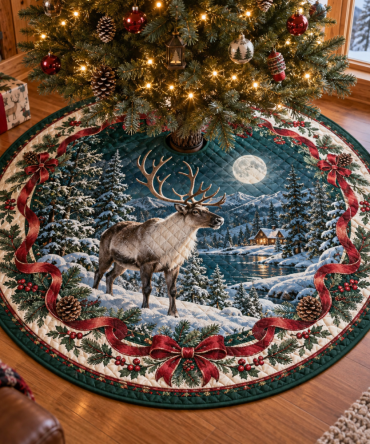 Festive Quilted Caribou Holiday Tree Skirt — Elegant Caribou Print Christmas Tree Skirt, Soft Patchwork, Machine-Washable Nordic-Inspired Decor