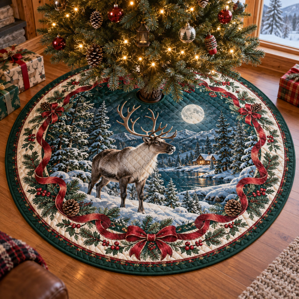 Festive Quilted Caribou Holiday Tree Skirt — Elegant Caribou Print Christmas Tree Skirt, Soft Patchwork, Machine-Washable Nordic-Inspired Decor