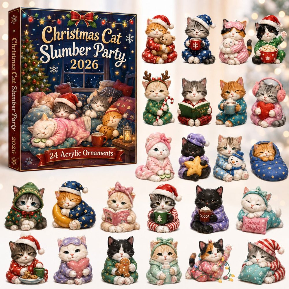 Cat Slumber Party 24‑Day Advent Calendar 2026 — Cozy Cat Pajama Charm Countdown With 24 Adorable Acrylic Kitties, Fun Gift For Cat Fans