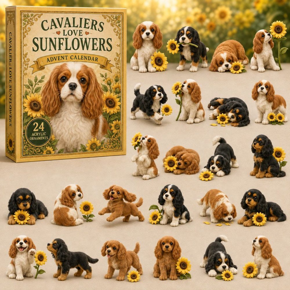 2026 Cavalier With Sunflowers Countdown Calendar — 24-Day Acrylic Charm Advent Set, Bright Floral Dog Gift & Home Decor
