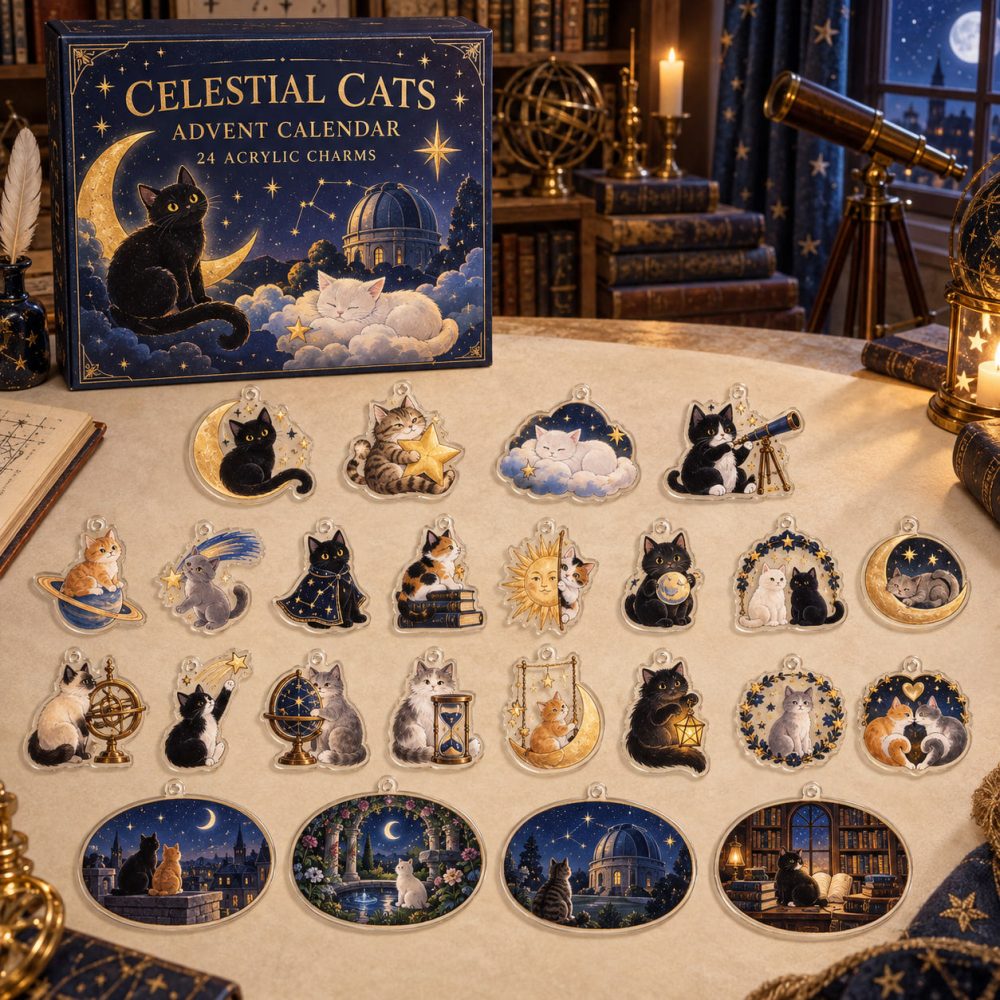 Cosmic 24-Day Celestial Cats Charm Countdown — 24 Acrylic Zodiac Cat Ornaments, Daily Surprises For Cat Lovers, Astrology Fans & Gifts