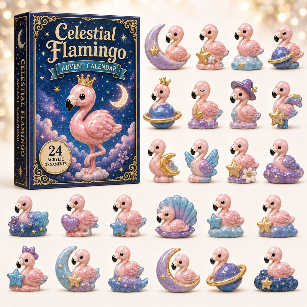 Celestial Flamingo 24‑Day Advent Countdown 2026 — Elegant Flamingo & Star Acrylic Charms, Tropical Holiday Charm Set With 24 Pieces