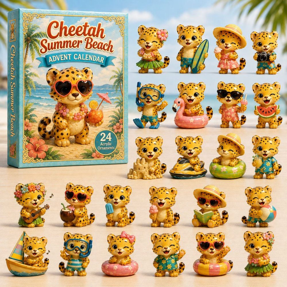 2026 Cheetah Summer Beach Countdown — 24-Day Acrylic Charm Advent Collection, Tropical-Themed Gift For Safari & Beach Lovers