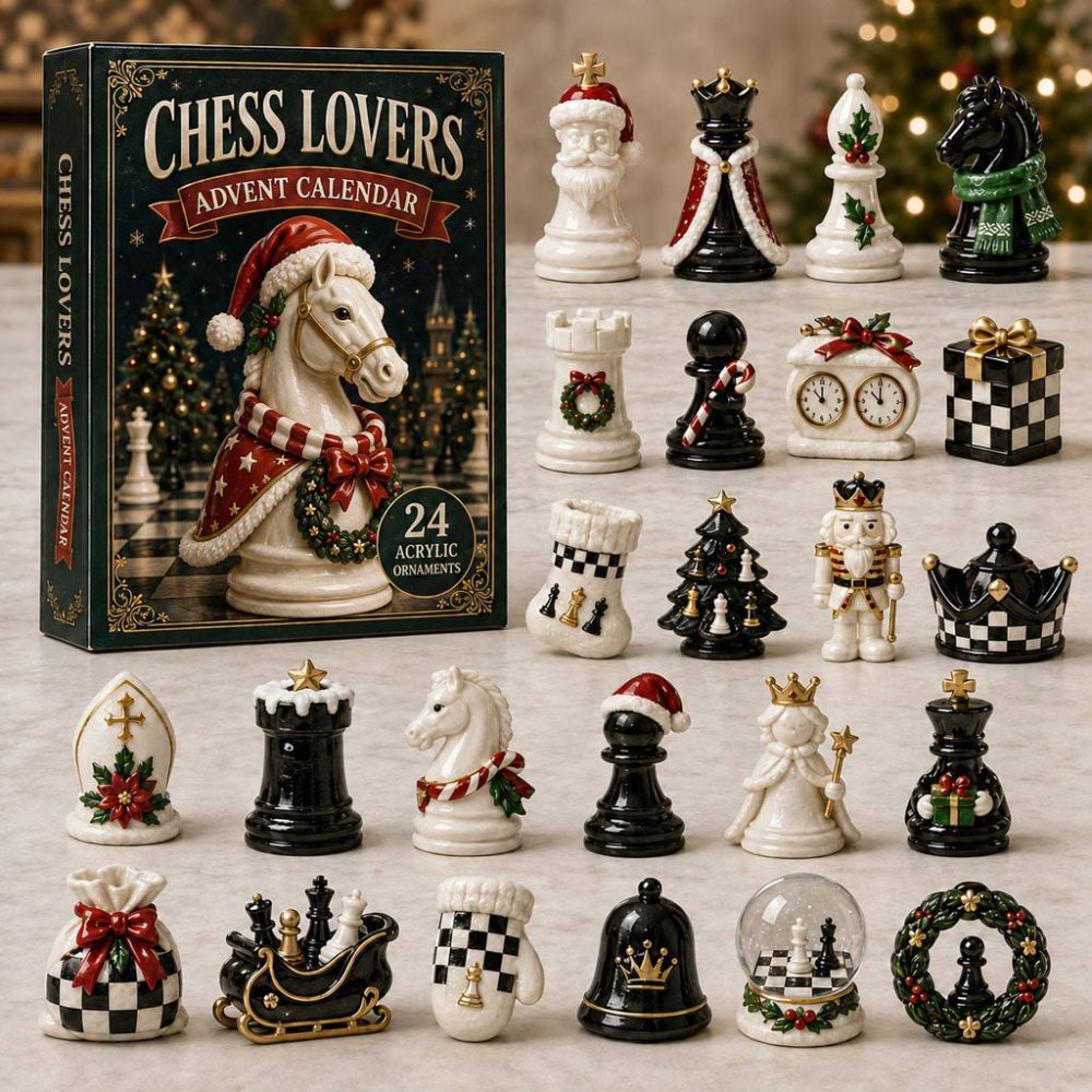 Christmas Chess 24-Day Countdown Calendar 2026 — Acrylic Chess Charms, Festive Gift For Chess Enthusiasts