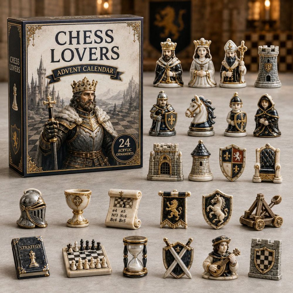 Chess King 24-Day Christmas Countdown Calendar 2026 — Acrylic Chess Piece Charms, Regal Advent Gift For Chess Fans