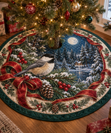 Chickadee Quilted Holiday Tree Skirt — Lightweight Reversible Christmas Tree Collar With Nature-Inspired Embroidery, Easy Care