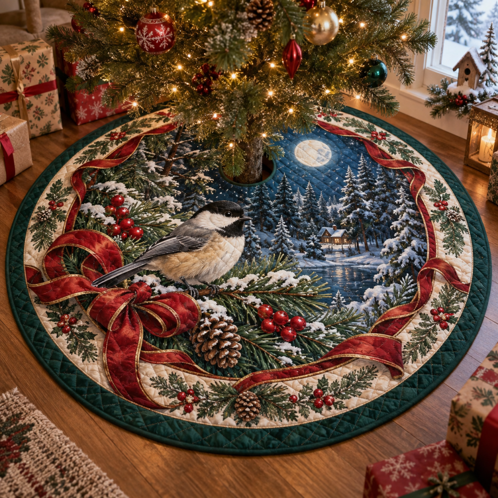 Chickadee Quilted Holiday Tree Skirt — Lightweight Reversible Christmas Tree Collar With Nature-Inspired Embroidery, Easy Care