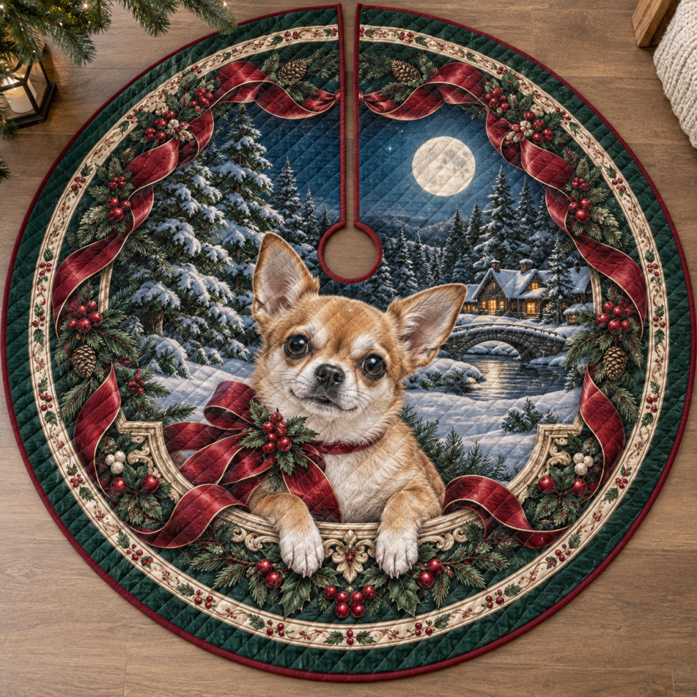 Quilted Chihuahua Christmas Tree Skirt — Petite Dog Lover Holiday Accent, Soft Quilting, Reversible Design, Perfect Gift For Chihuahua Fans