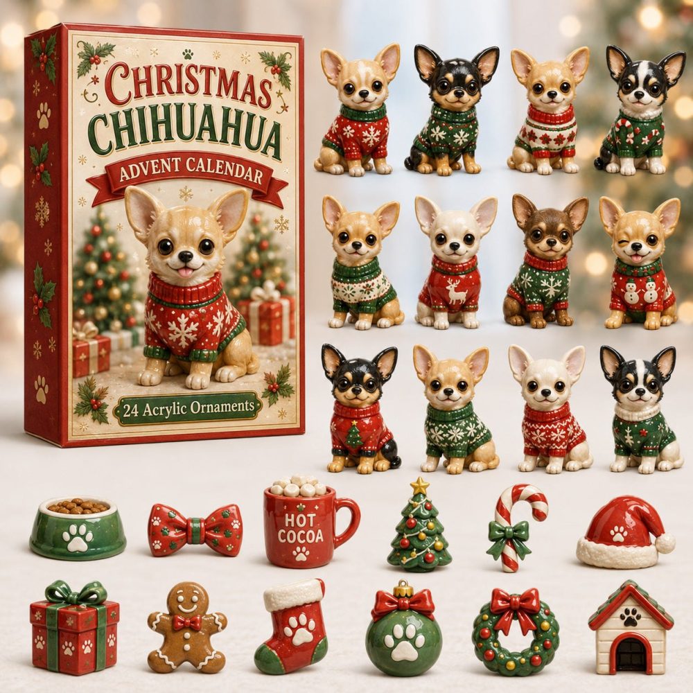 Chihuahua Ugly Sweater 24‑Day Holiday Countdown 2026 — Funny Chihuahua Acrylic Charms Advent, Great Gift For Dog & Sweater Fans