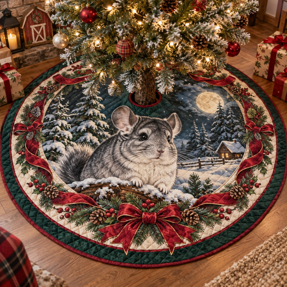 Chinchilla Quilted Tree Skirt For Christmas — Reversible Plush Mat, Durable Stitching, Machine-Wash Friendly, Cute Pet Décor