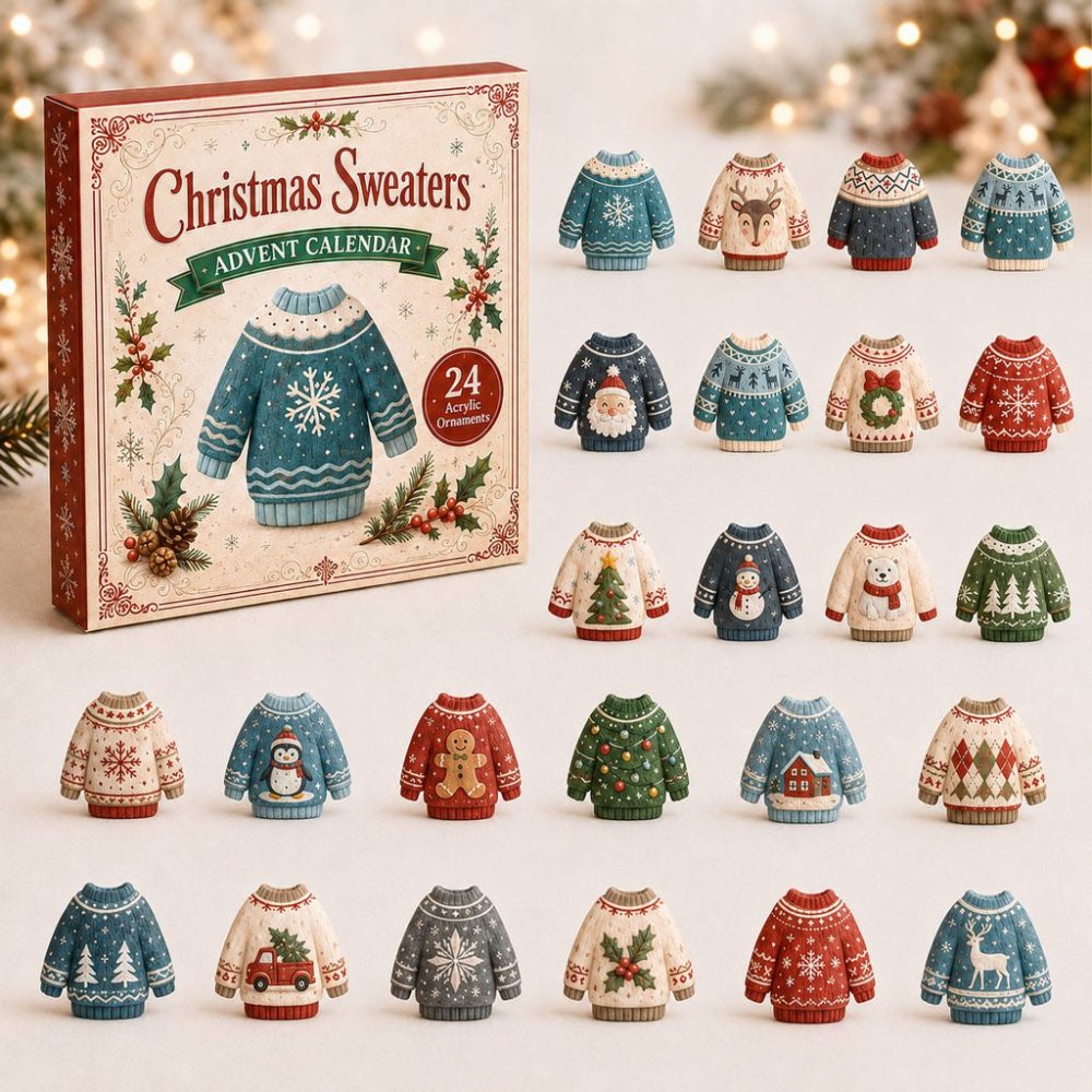 Festive Sweater 24‑Day Holiday Countdown 2026 — Christmas Sweater Mini Charms Advent Set With 24 Acrylic Ornaments, Giftable Decor