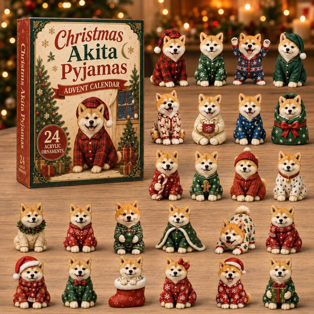 Akita Pyjamas Festive Advent Calendar 2026 — 24-Day Acrylic Charm Countdown, Cozy Akita-In-Pyjamas Holiday Gift For Dog Lovers