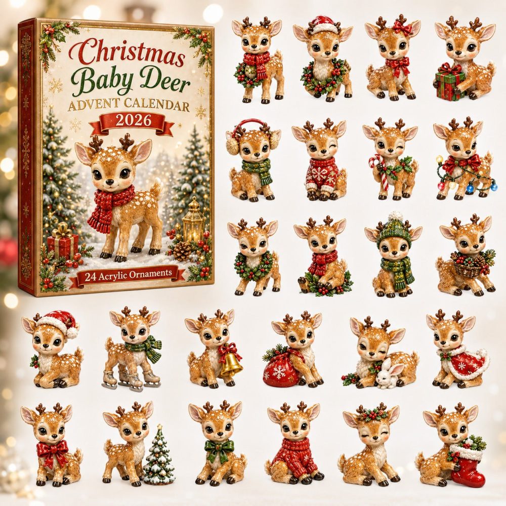 Baby Deer Christmas 24-Day Countdown Calendar 2026 — Acrylic Charms, Cute Woodland Advent Gift For Kids & Adults