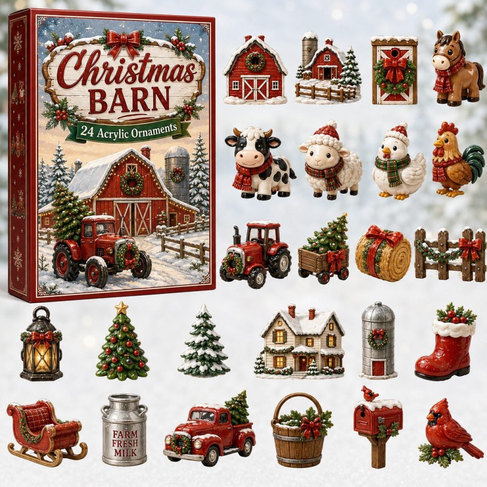 2026 Barn Holly Holiday Advent Calendar — 24-Day Rustic Christmas Countdown With Acrylic Charms, Farmhouse Seasonal Gift