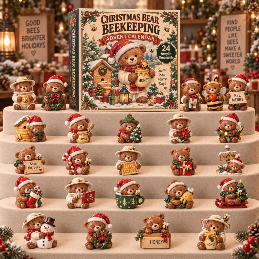 2026 Beekeeping Christmas Bear Advent Calendar — 24 Acrylic Charms, Honeybee Gifts & Festive Bear Ornaments
