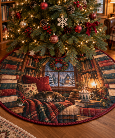 Christmas Book Nook Quilted Tree Skirt - Storybook-Themed Quilted Tree Skirt For Bibliophiles & Cozy Holiday Corners