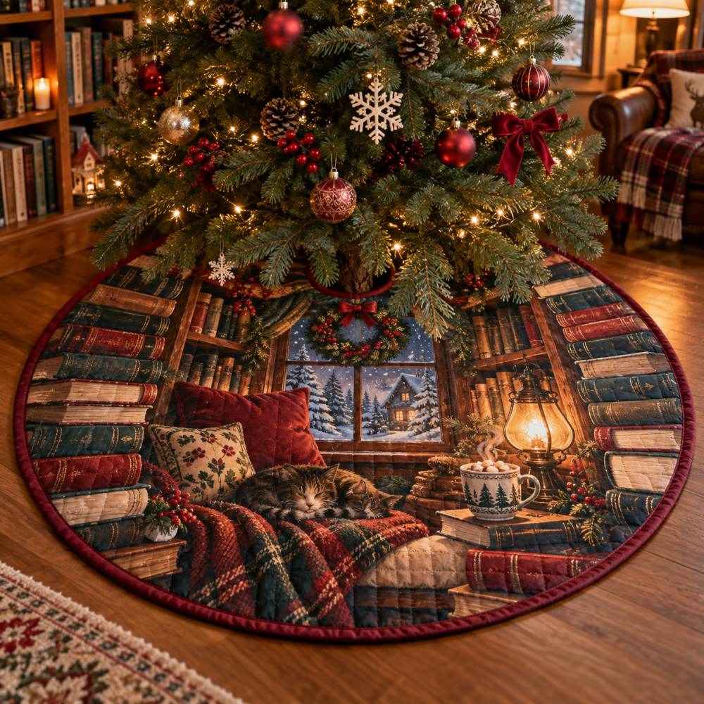 Christmas Book Nook Quilted Tree Skirt - Storybook-Themed Quilted Tree Skirt For Bibliophiles & Cozy Holiday Corners