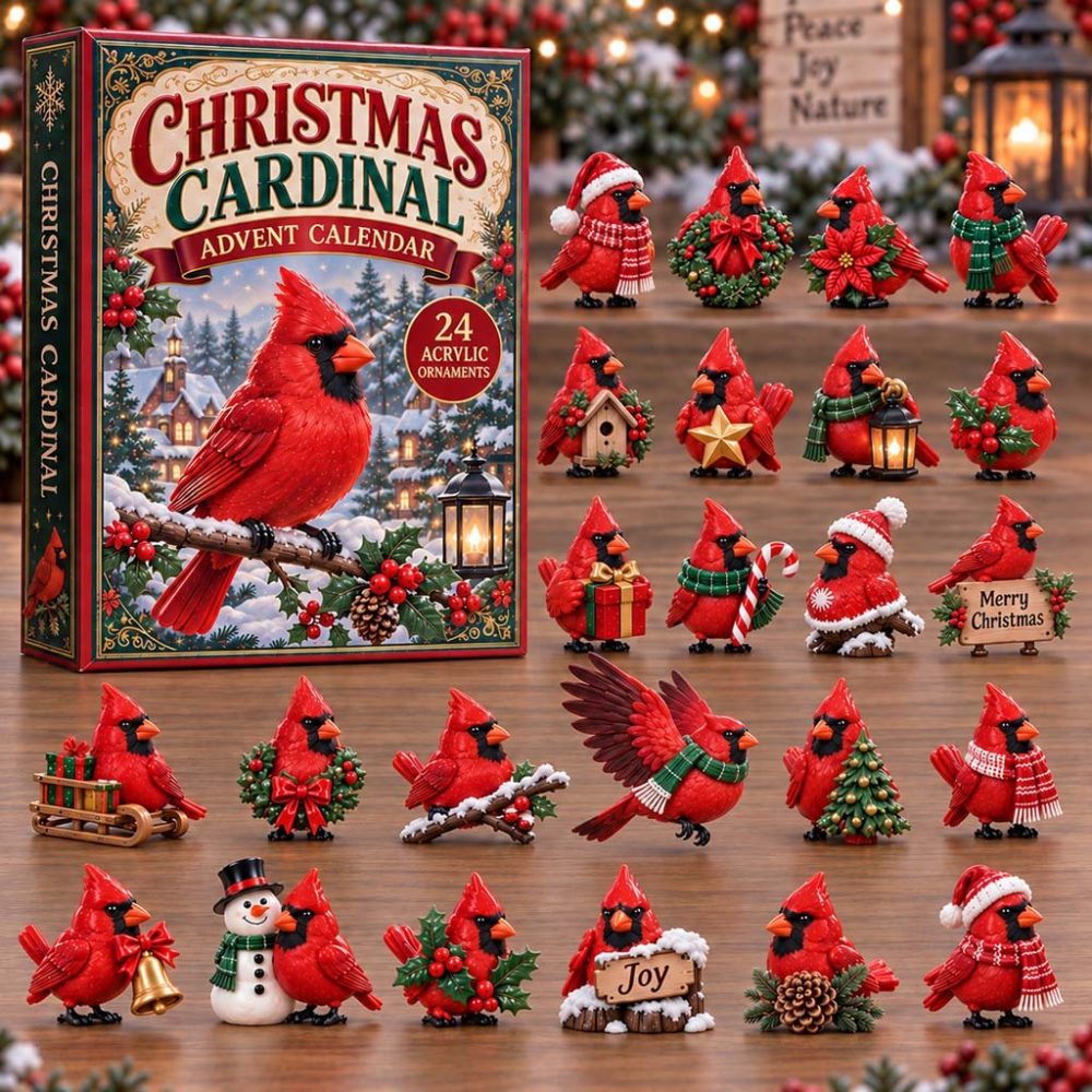 2026 Cardinal On Snowy Branch 24-Day Acrylic Charm Countdown — Reusable Elegant Holiday Advent Calendar, Festive Gift