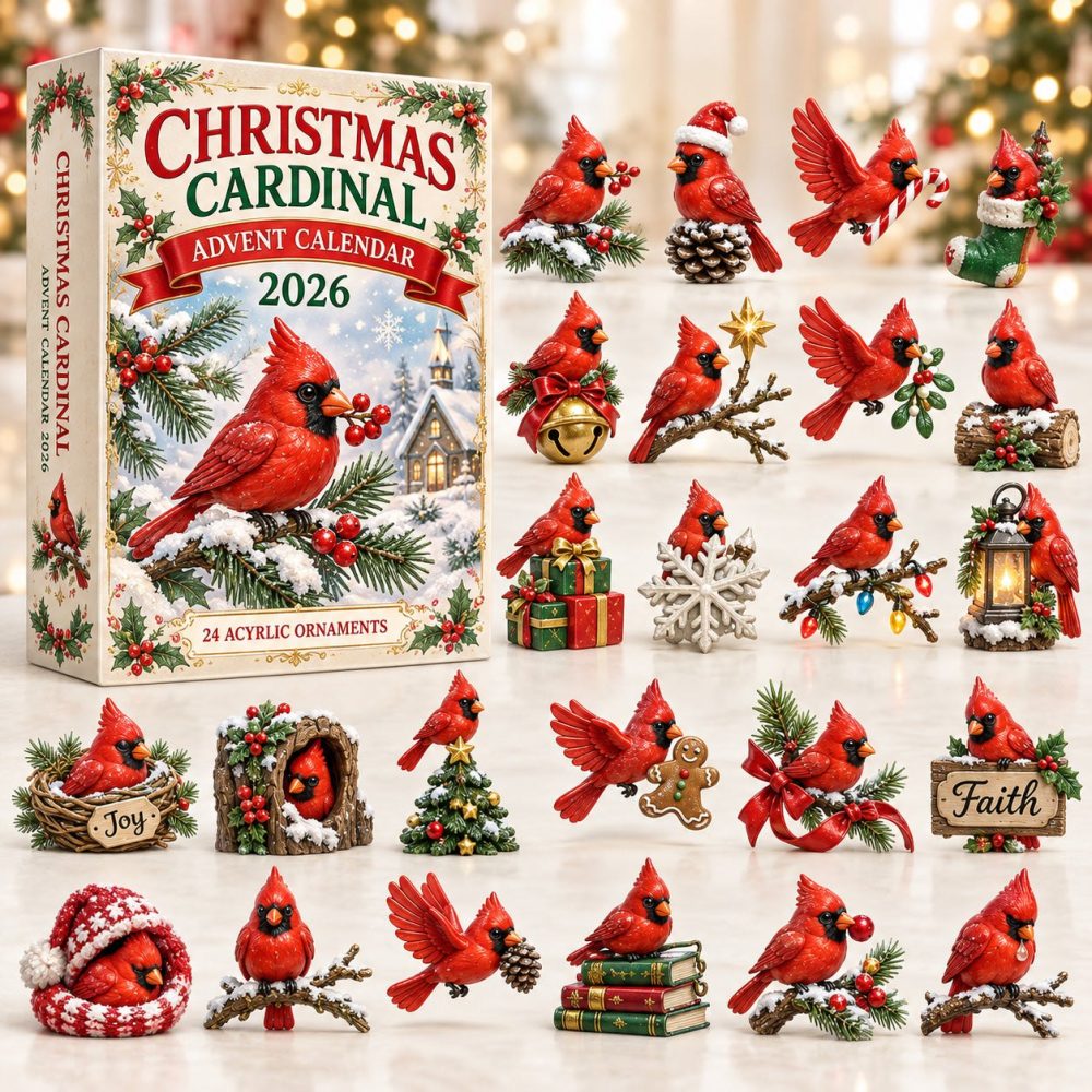 Classic Christmas Cardinal Advent Calendar - 24-Day Acrylic Bird Charms, Festive Holiday Countdown & Christmas Mantel Decor Gift