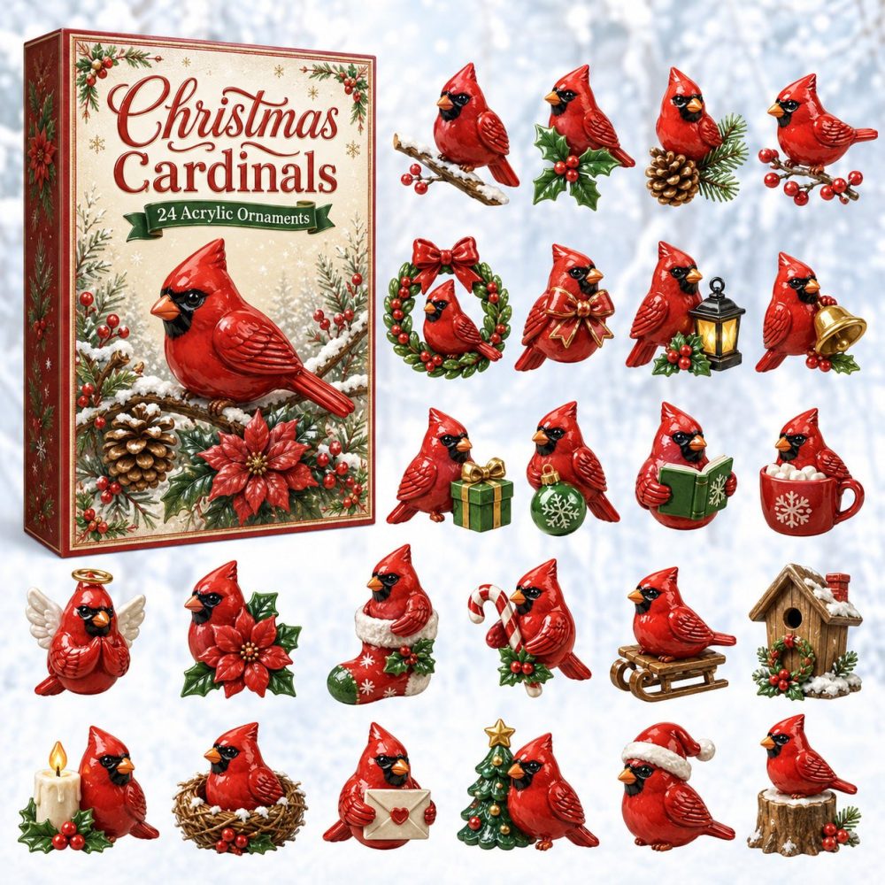 Cardinal Bird Christmas Countdown - 24 Days Of Acrylic Cardinal Charms, Vibrant Red Holiday Advent Calendar & Gift For Bird Lovers