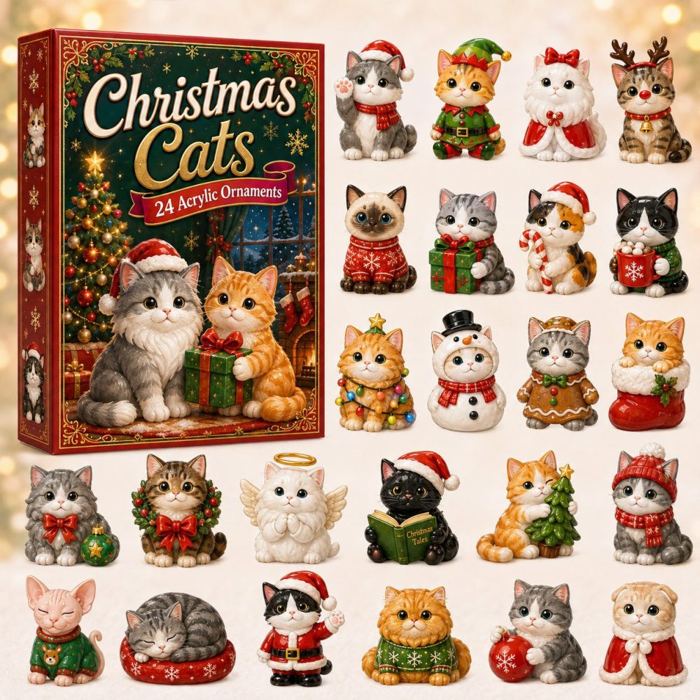Christmas Cats Advent Set - 24-Day Countdown With Acrylic Cat Charms, Cute Holiday Decor & Gift For Cat Lovers