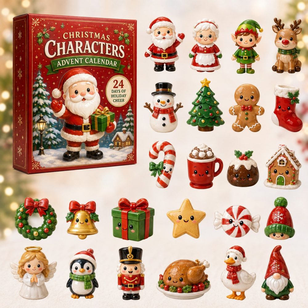 Christmas Characters 2026 Advent Calendar - 24 Festive Acrylic Charms Set Featuring Santas, Elves & Holiday Icons