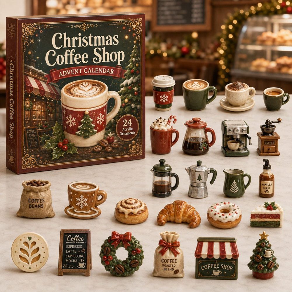 Christmas Coffee Shop Advent Calendar 2026 — 24-Day Cafe Countdown With Acrylic Coffee & Pastry Charms, Gift Idea
