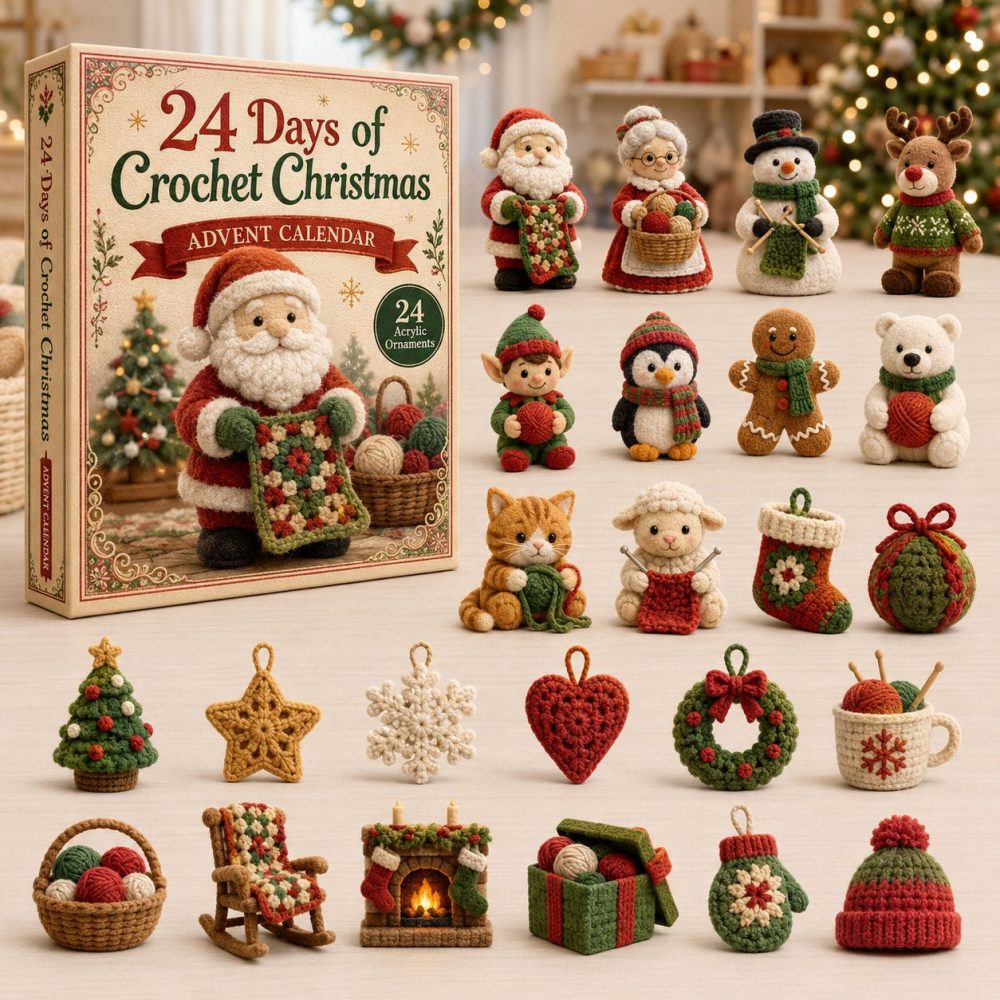 Handmade Crochet Christmas Countdown Set - 24 Days Of Cozy Acrylic Charm Ornaments, Perfect Holiday Gift & Decor