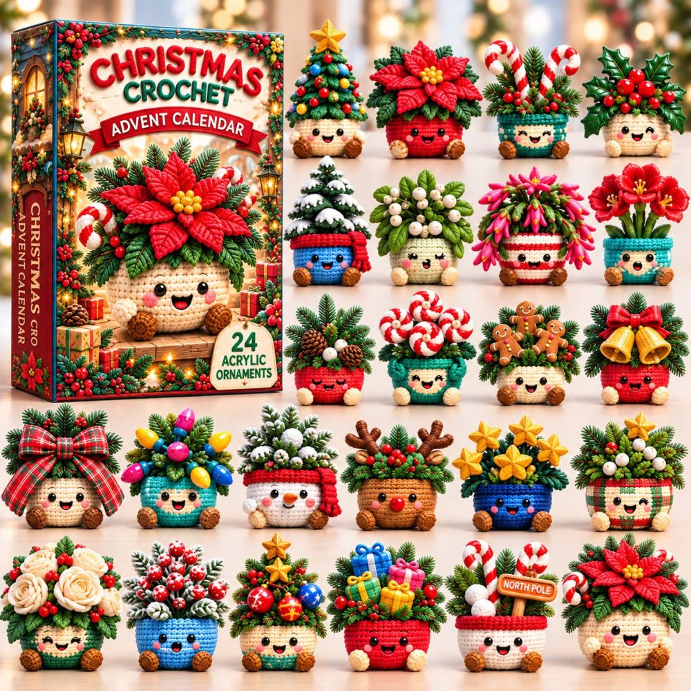 Christmas Crochet Pot Advent Countdown 2026 — 24-Day Festive Acrylic Charm Calendar With Holiday Crochet-Themed Charms