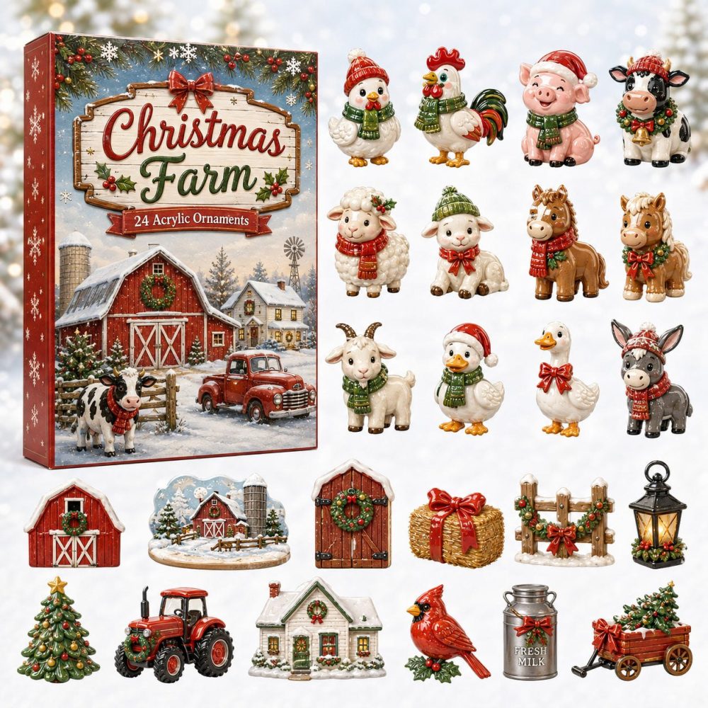 Rustic Farmhouse Christmas Countdown - 24-Day Advent Set With Acrylic Farm Animal Charms, Holiday Decor Gift