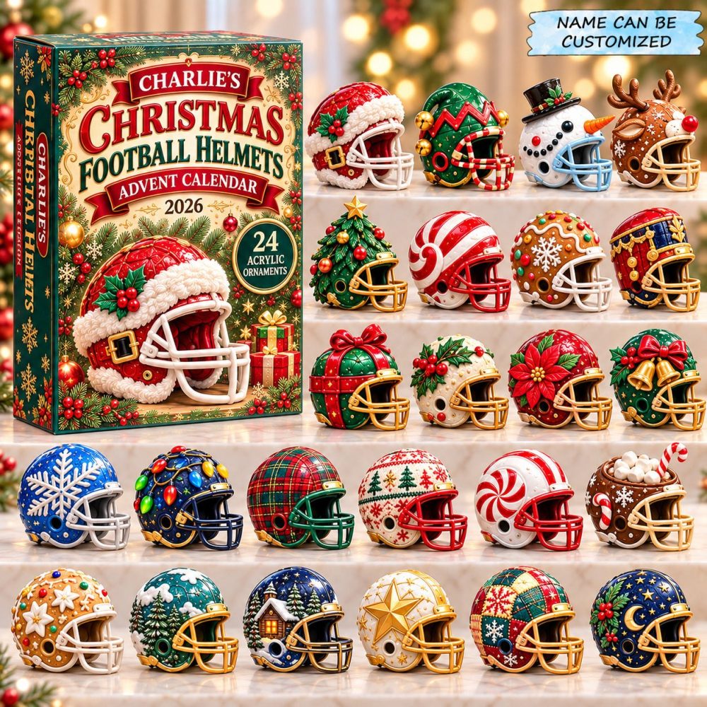 Christmas Football Helmet Countdown 2026 — 24 Mini Helmet Acrylic Charms, Team Spirit Holiday Advent Display & Fan Gift Set