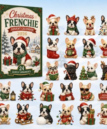 Frenchie Evergreen Advent Calendar — 24-Day Festive Countdown With Acrylic French Bulldog & Evergreen Charms, Stylish Holiday Gift