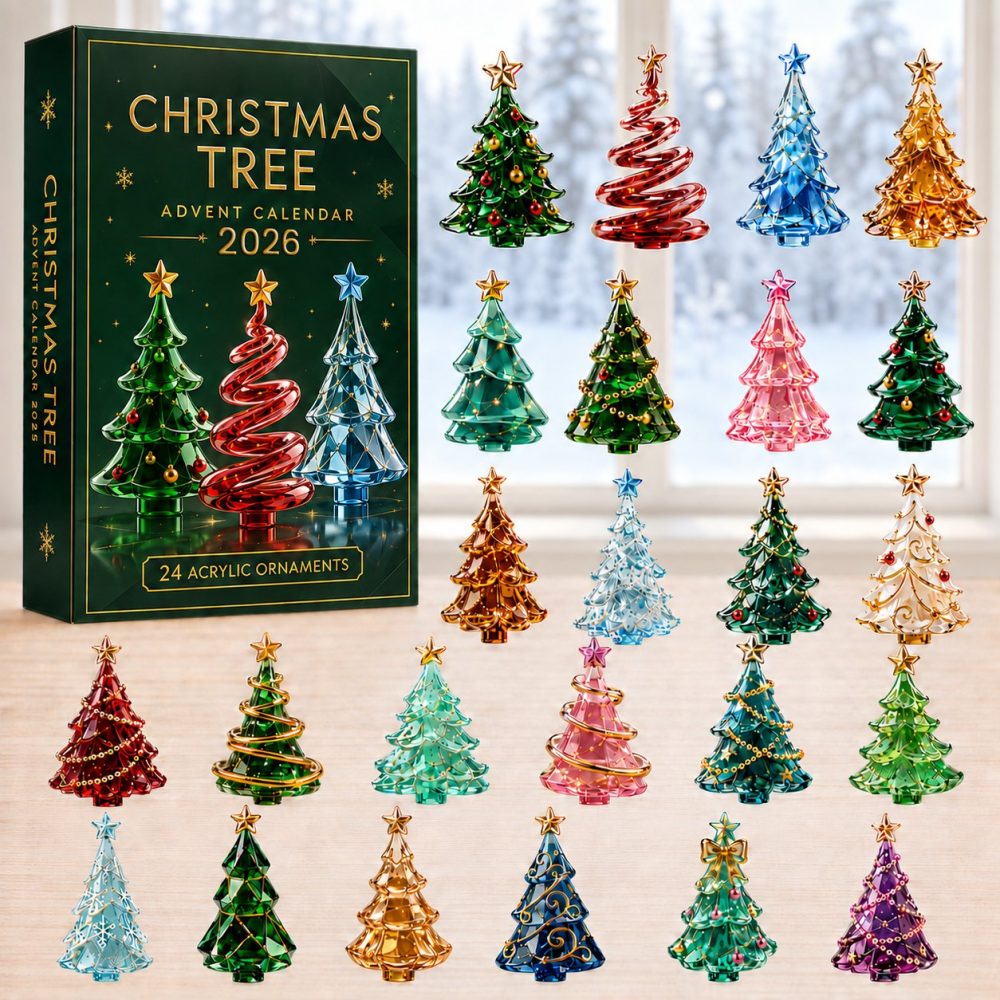 Elegant 2026 Christmas Glass Tree Advent Countdown — 24-Day Acrylic Charm Calendar, Holiday Decor & Gift-Ready Seasonal Display